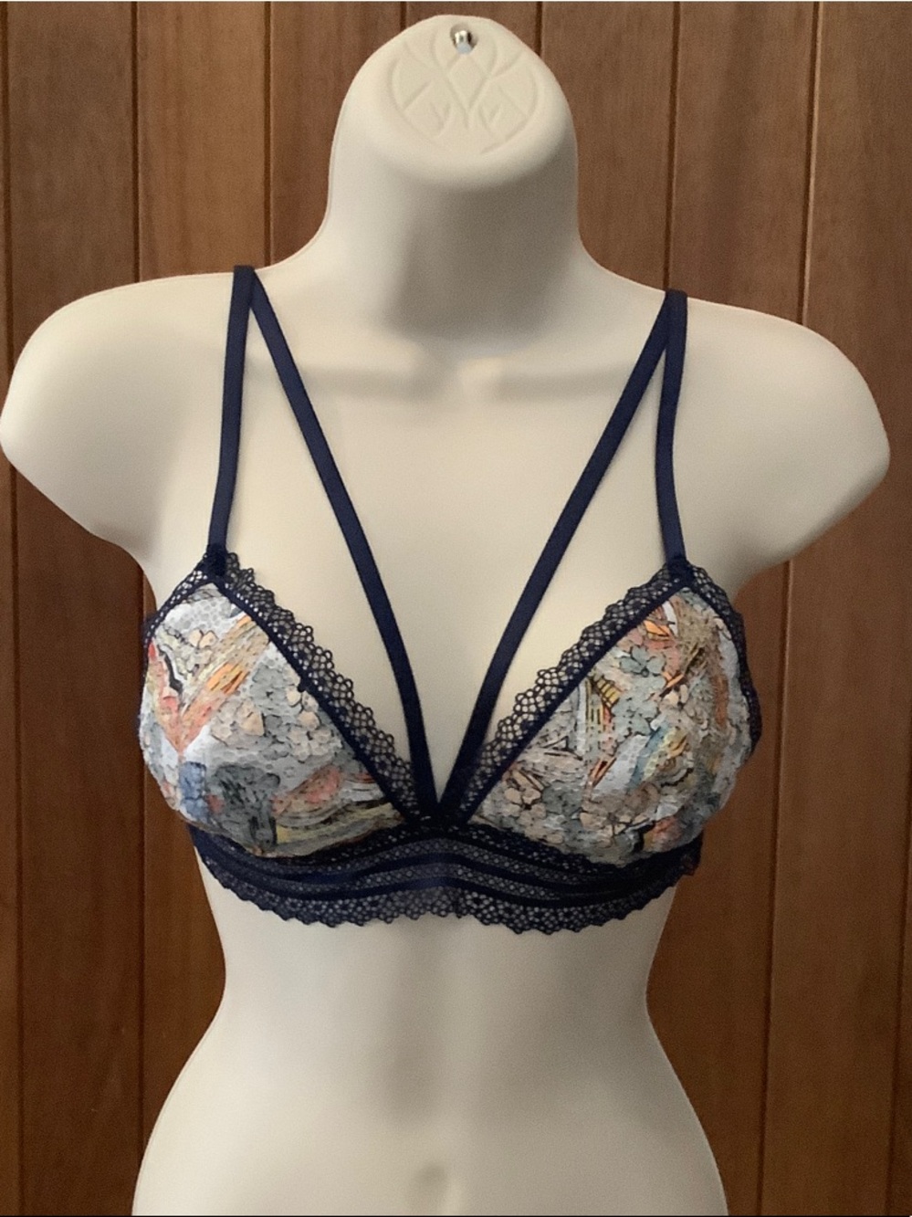 Victoria's Secret Navy Lace Bralette with Multicolor Printed Cups
